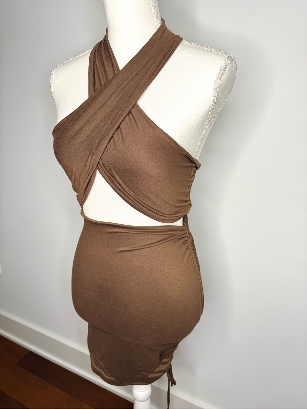 Womens Wrap Top Mini Dress | Brown